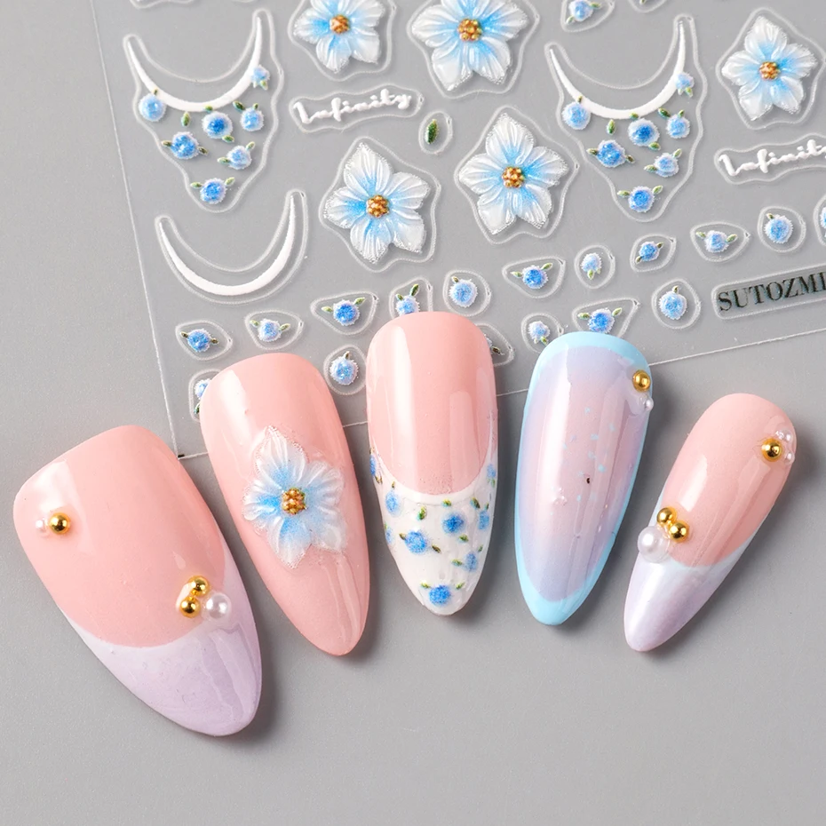 2pcs 블루 수국 꽃 네일 스티커 3D 아크릴 꽃 프렌치 팁 네일 아트 데칼 여름 네일 슬라이더 장식 매니큐어