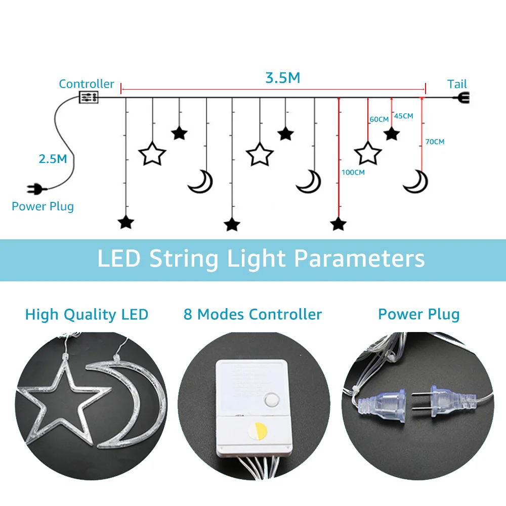 XINXIANLIAN 138 LED Ramadan Decorations Light Solar Moon Star Lights String  Light Outdoor Waterproof Solar Powered Curtain Lights with 8 Modes Ramadan