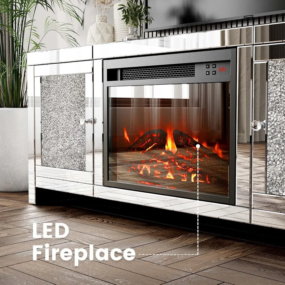 Mirror Fireplace TV Cabinet, Mirror Media Entertainment Center, Silver TV Console Table, Living Room Mirror Furniture 3