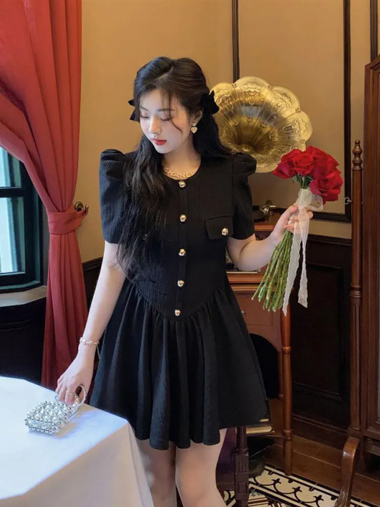 

Summer Korea Retro Black Mini Dress Vintage Puff Sleeve A Line Button Dress Sundress Princess Elegant Office Lady Dress Vestido