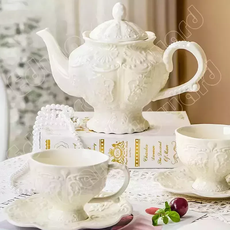 Embossed Ceramic Teapot and Cup Dinner Plate European Style Water