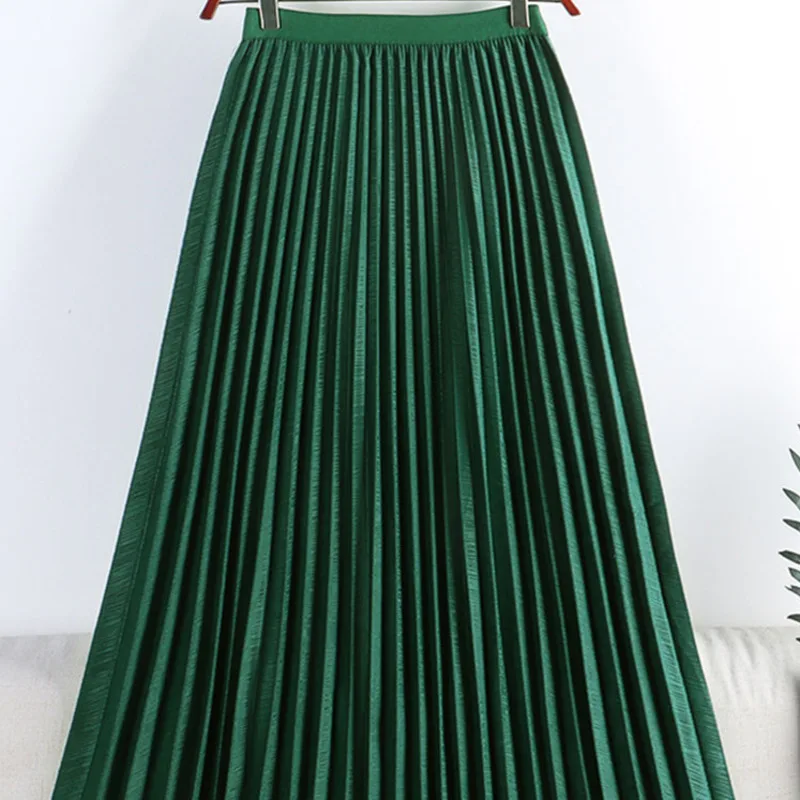 

Women Pleated Casual Fashion Solid All-match A Line Elastic Vintage High Waist Mid-length Skirt Korean Clothing New 2023