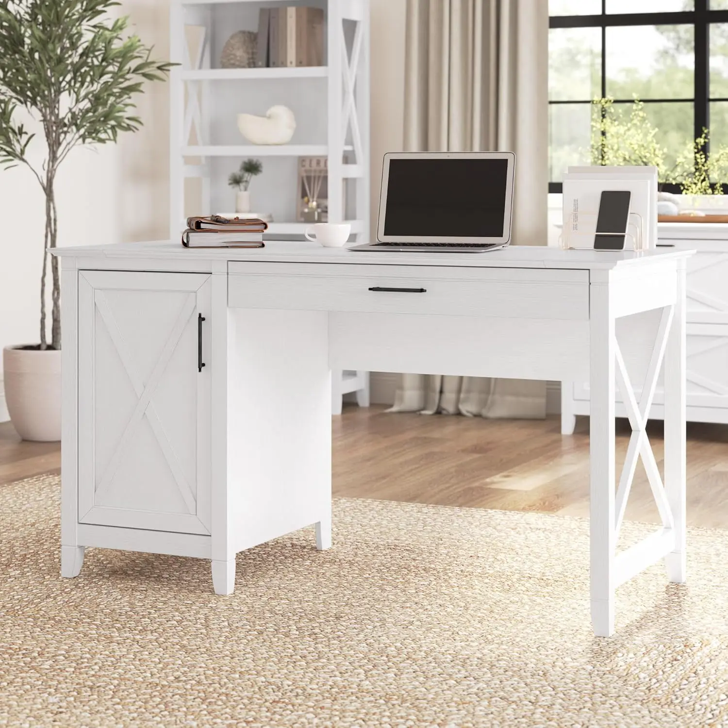 Computer Desk with Storage | Farmhouse PC Table for Home Office in Pure White Oak | 54W x 24D 2