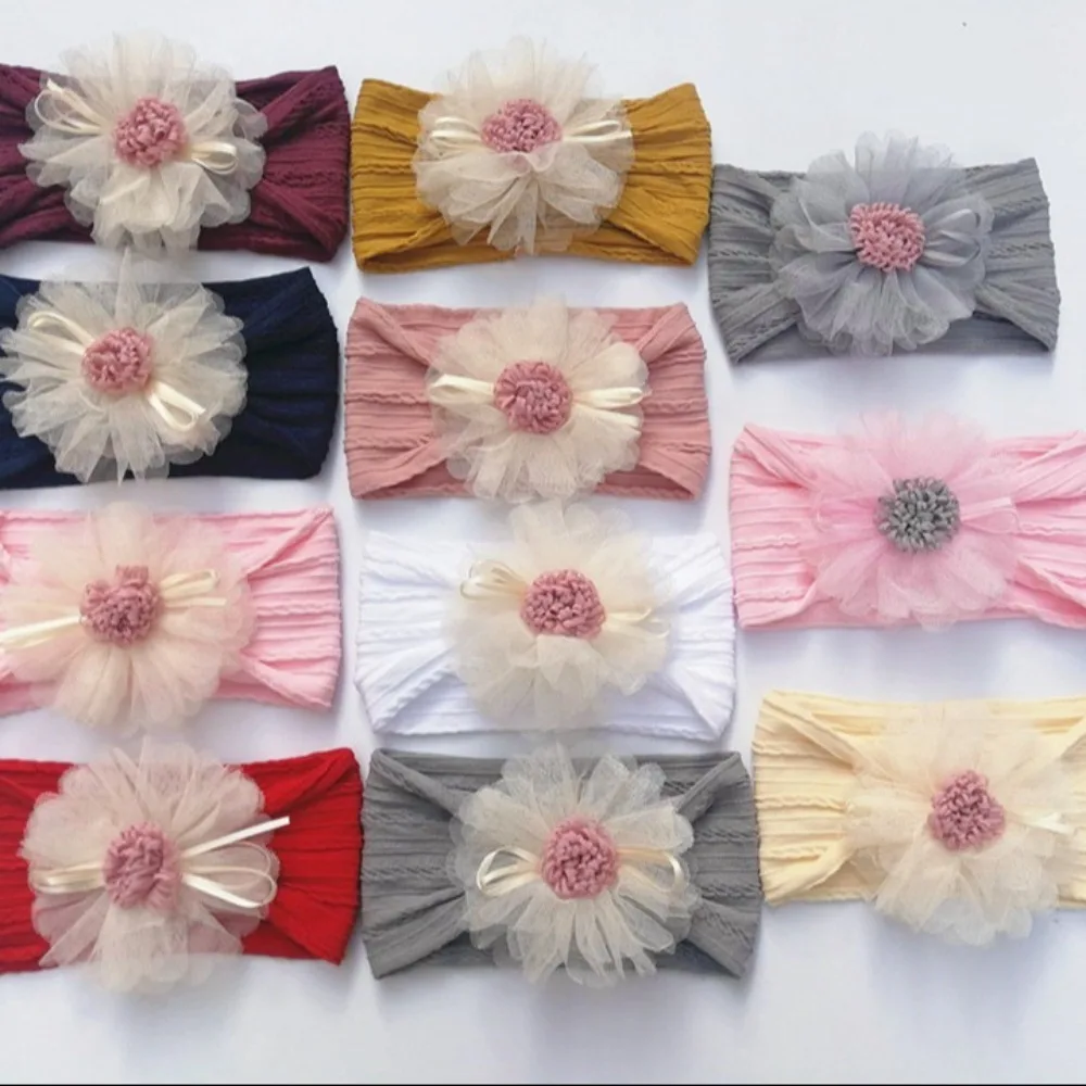 Soft Nylon Baby Girl Headband with Floral Mesh for Newborn Photography