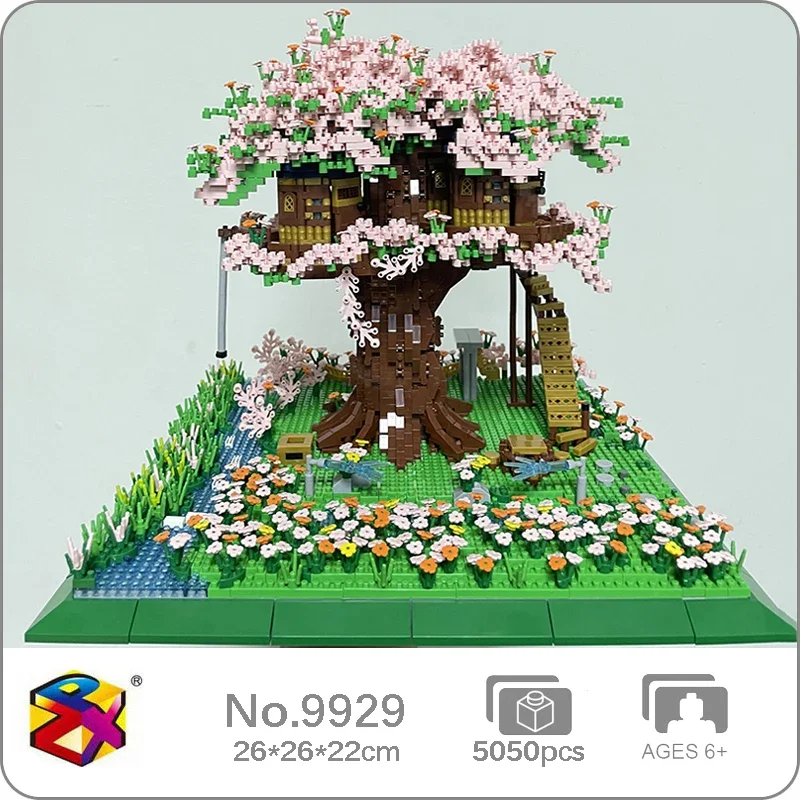Pzx 9929 World Architecture Cherry Blossom Sakura Tree House Swing Flower Garden Mini Diamond Blocks Mattoni Building Toy No Box