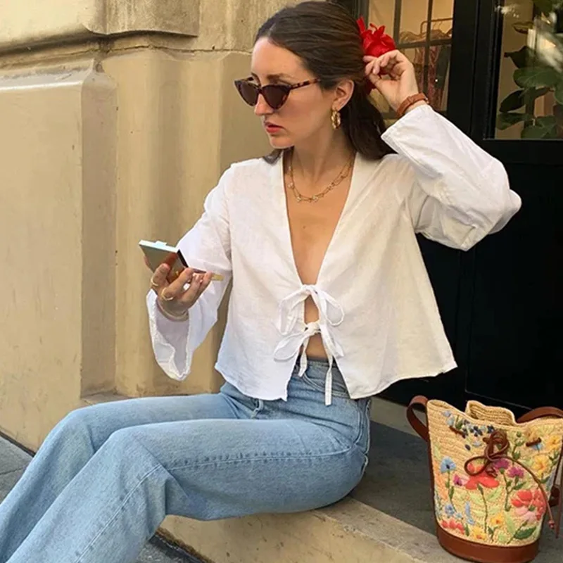 Fashion V-neck Lace Up Shirts Women Spring Summer New Casual Long Sleeve Blouse For Female Solid Elegant Street Lady Tops