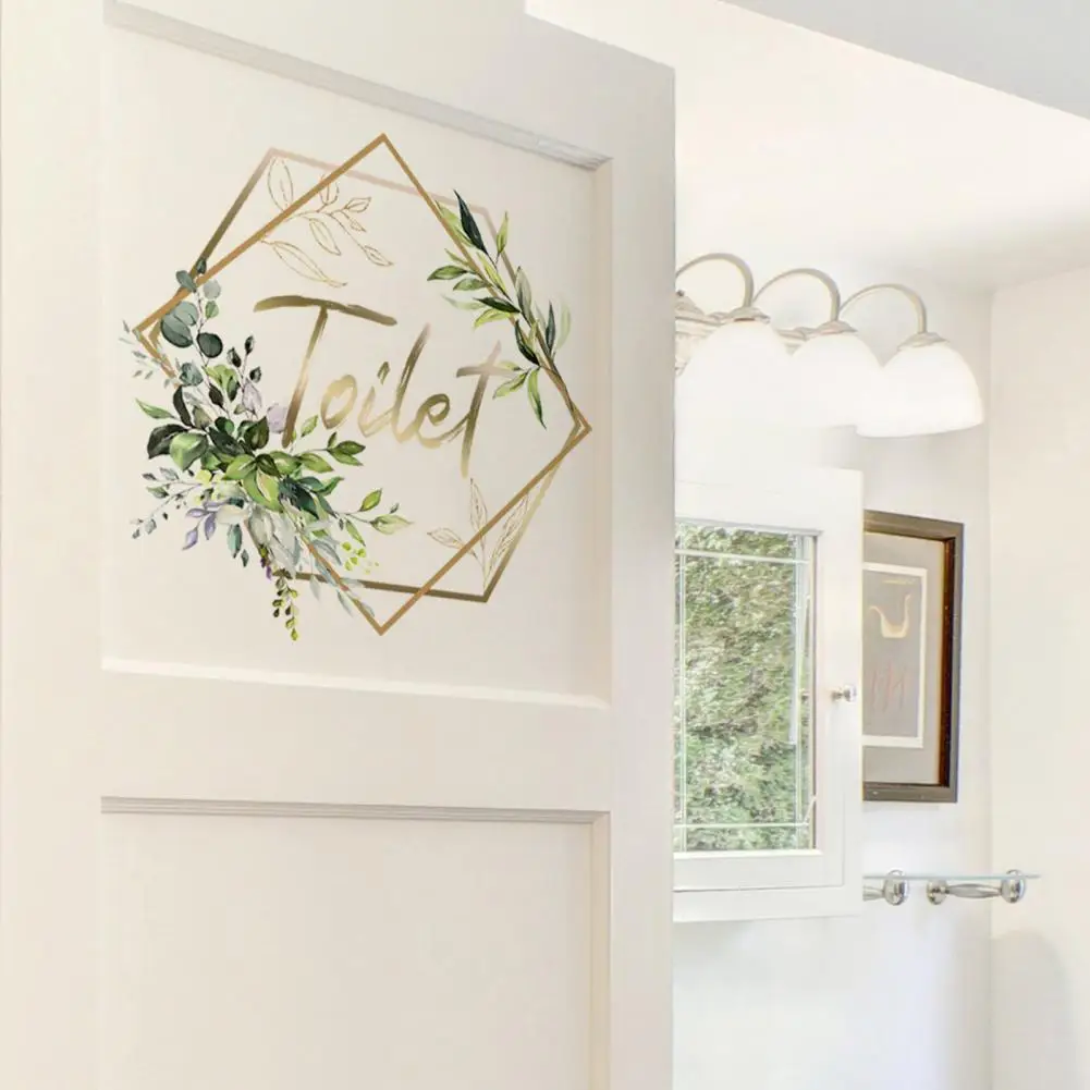 

Nature-inspired Door Sticker Waterproof Green Plant Toilet Door Sticker Golden Letter Decal for Bathroom Decoration Removable