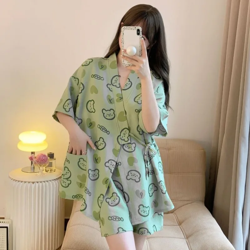 Bubble Cotton Yarn Pajamas Woman  Spring and Autumn Sweet and Fresh Lacing Cartoon Long-sleeved Trousers Loungewear Pajama