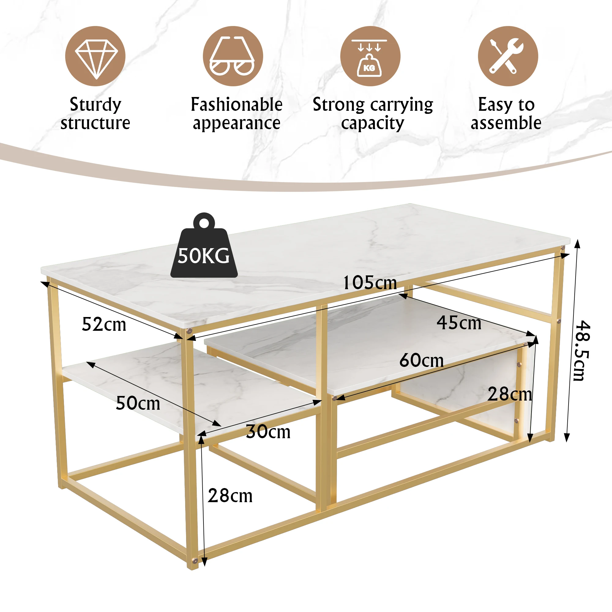 Rosahqnda Couchtisch-Set, 2-teiliges Set moderner Couchtisch, rechteckige Beistelltische mit Ablagefach, Metallgestell, für das Wohnzimmer – Detail 1