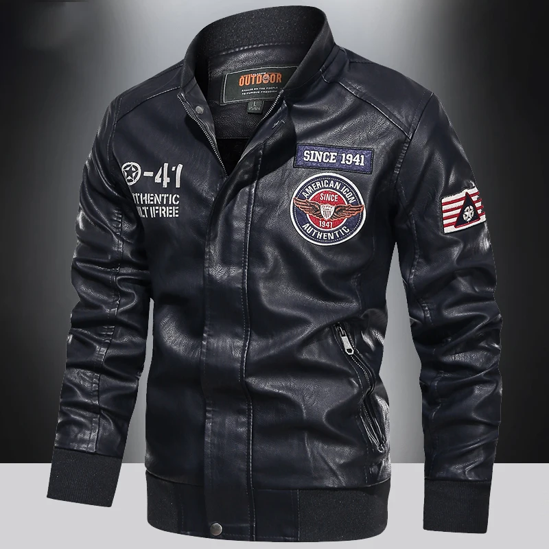Spring and Autumn Men's Motorcycle Suit Leather jacket Color blocking American baseball collar pilot casual PU leather jacket 1