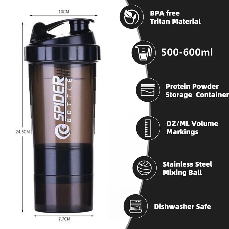 Protein Shaker Bottle 500ml Protein Bottle Mixer Shaker Cup 3 Tier Gym Cup  500ML