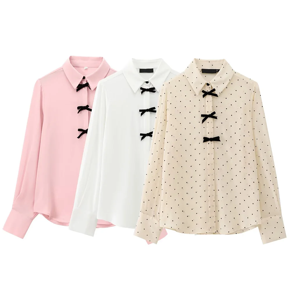 Women's Elegant Velvet Bow Polka Dot Chiffon Shirt