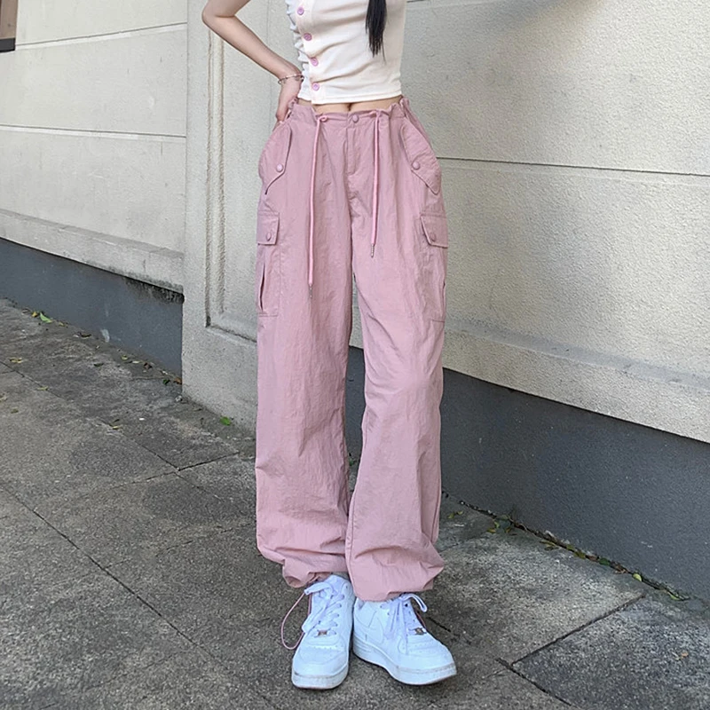

2022 Harajuku Pink Cargo Pants Women Drawstring y2k High Waist Hip Hop Pants Baggy Joggers Trousers Pantalon Femme
