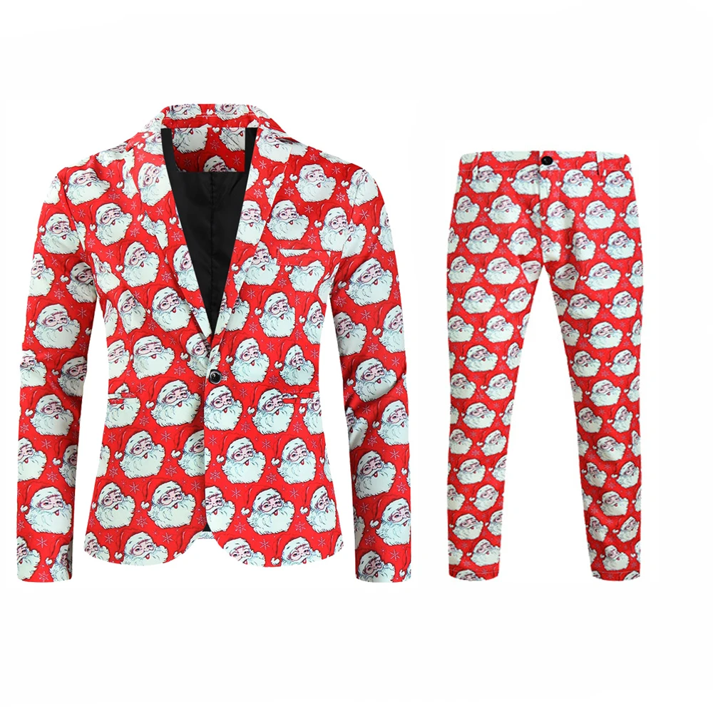 thumbnail image 1 of Traje de negocios informal de Navidad para hombre, chaqueta de 2 piezas con un botón, pantalones, disfraz de fiesta de Navidad, uniforme con estampado de muñeco de nieve, 1 of 5