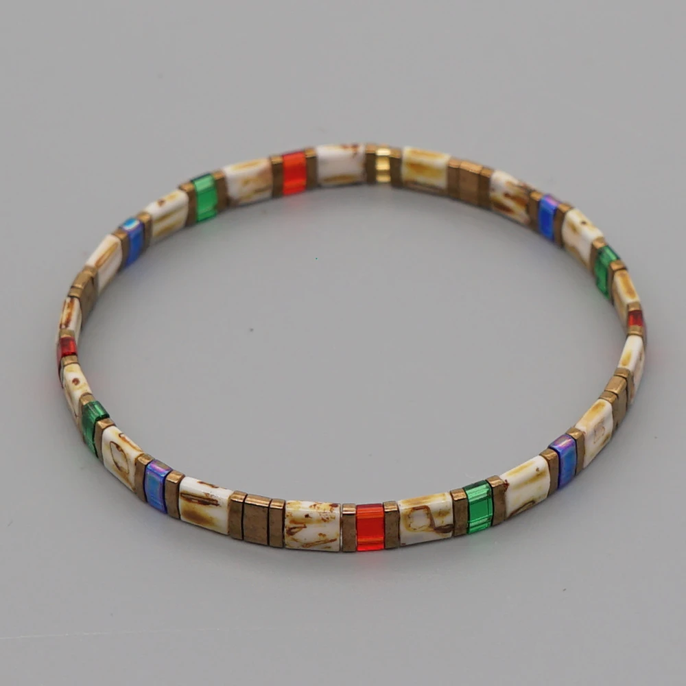Go2BoHo Japanische Miyuki Tila-Fliesen-Perlenarmbänder, böhmischer Modeschmuck, mehrfarbig, 5-Stapel-Stretch-Set für Frauen – Detail 6
