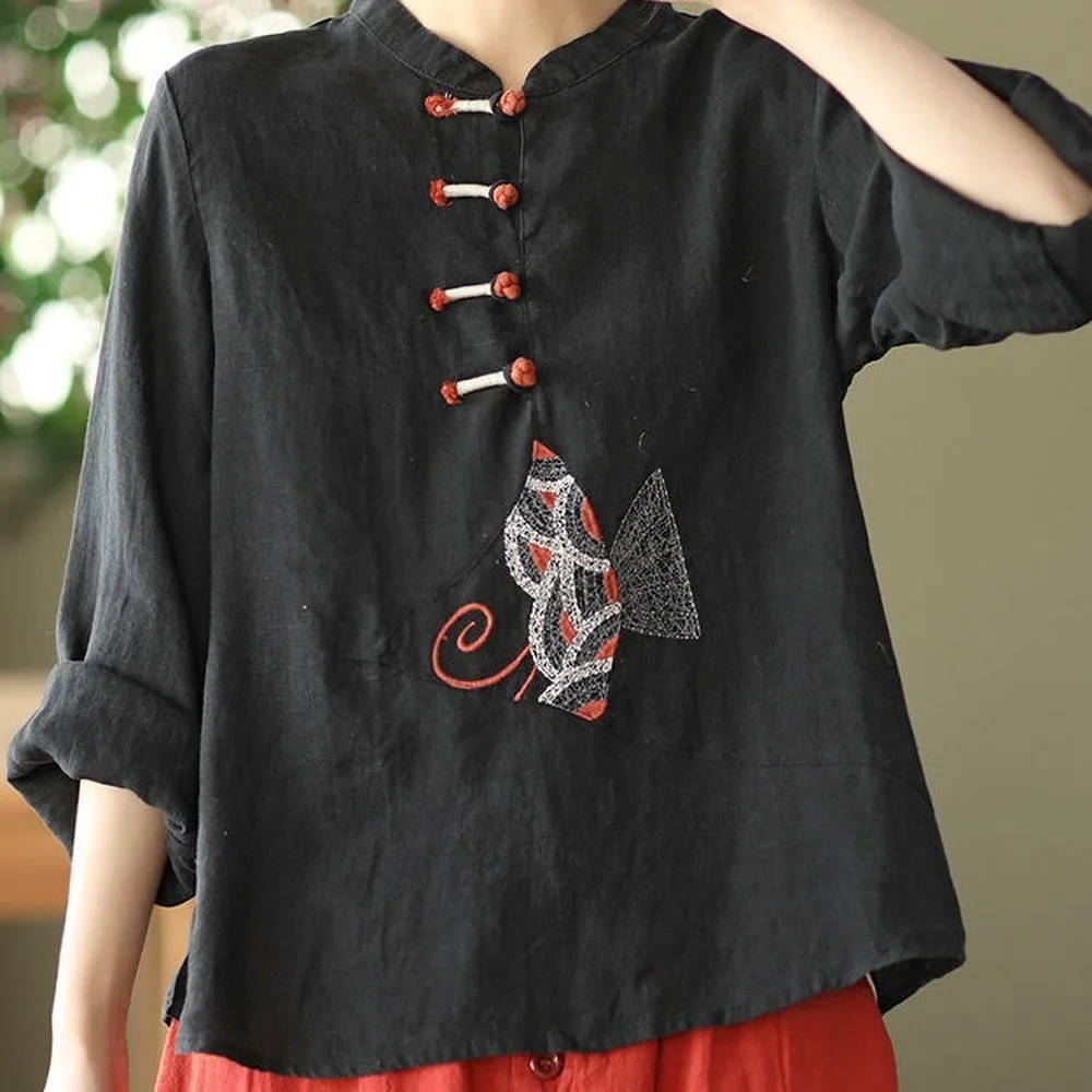 Women Chinese Style Shirt 3XL Traditional Linen Embroidery Tops Retro Loose Hanfu Blouse women chinese shirt women satin blouse