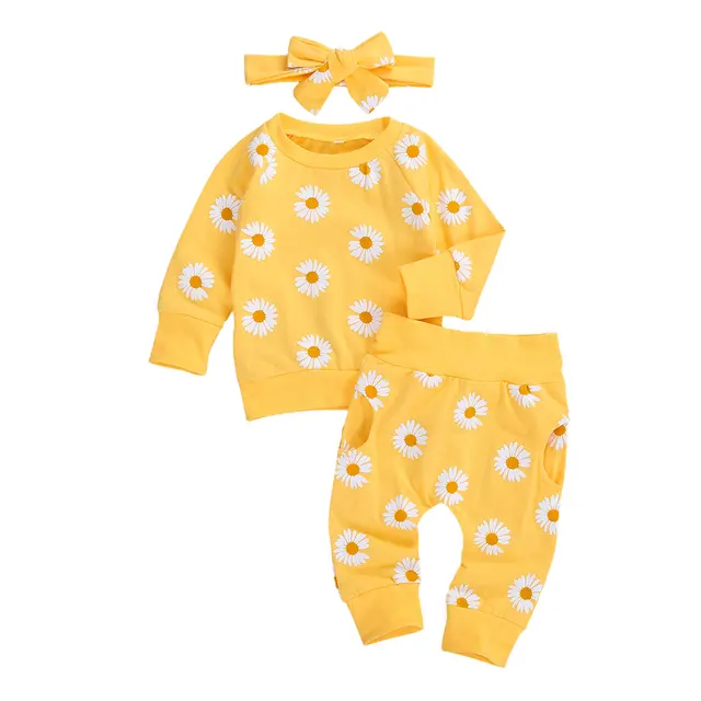 Spring New Fall Autumn Infant Baby Girls 3Pcs Set Long Sleeve Lovely Print Top Pants Headband Toddler Outfits Clothes C