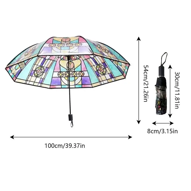 Vintage Stained Glass Automa Umbrella Glass Painted Transparent Vintage Parasol Portable Automatic Opening Folding Umbrella