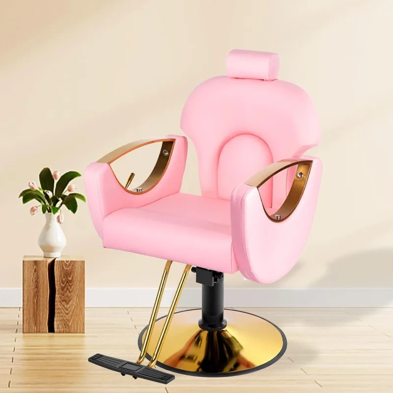 Pink Barber Chair Reclining Salon Chair for Hair Stylist, Height Adjustable Hair Salon Chair with 360 Degrees Rolling Swivel