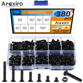 380Pcs M3 Flat Head Machine Screws and Hex Nuts Kit Black Countersunk Head Phillips Screws Bolts Nuts Assortment Kit