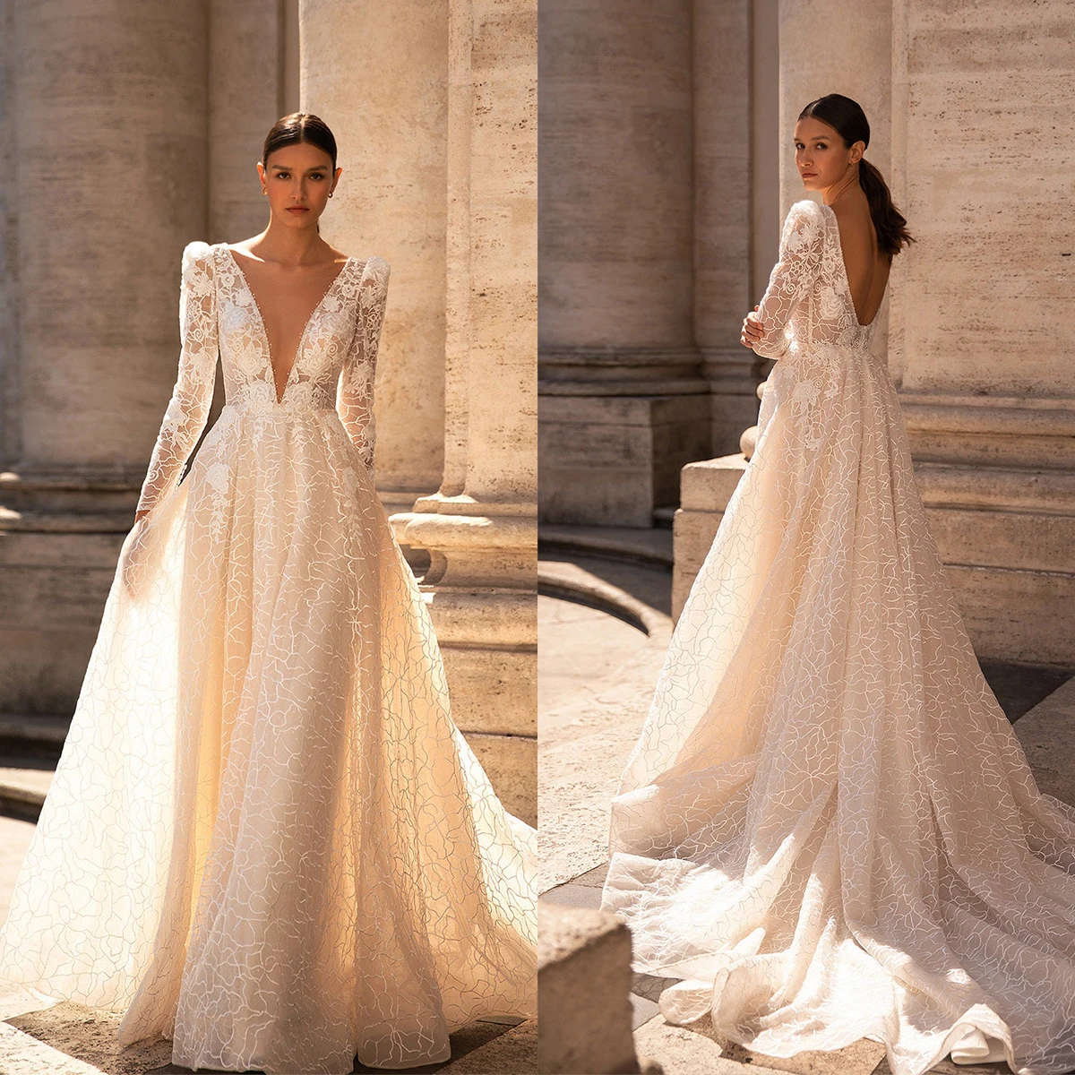 Stylish-Deep-V-Neck-Bridal-Gowns-Lace-Backless-Wedding-Dress-Custom ...