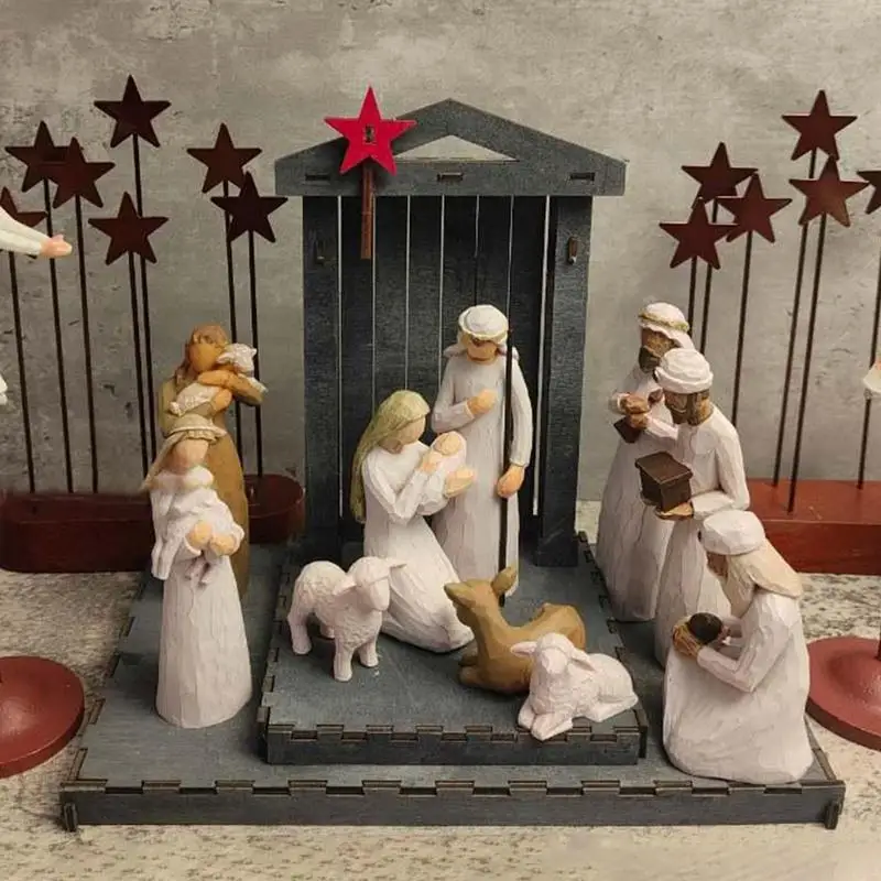 

10pcs Nativity Statue Set Hand Painted Manger Christmas Jesus Ornament Christianity Figurines Classic Home Christmas Decor