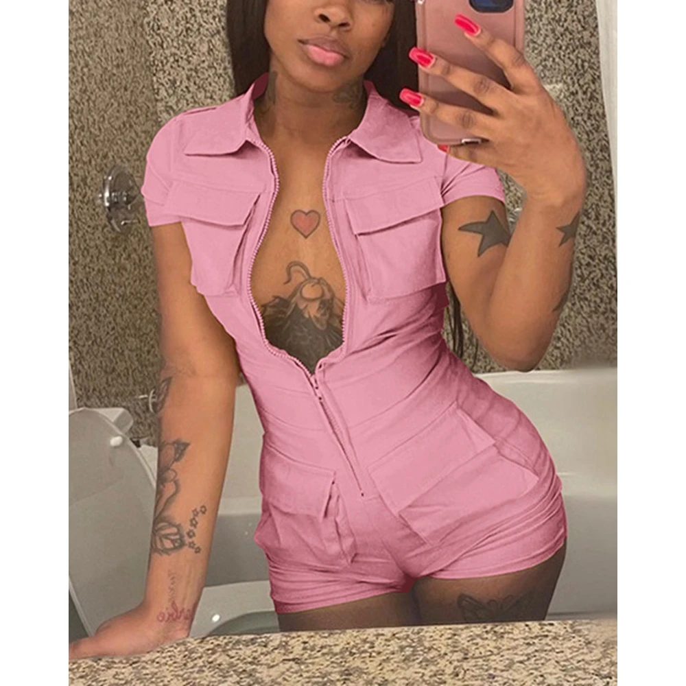 Elegant Women Pocket Design Short Sleeve Cargo Romper Sexy Plunge Casual Turn-down Collar Playsuit One Piece Outfits Summer Wear