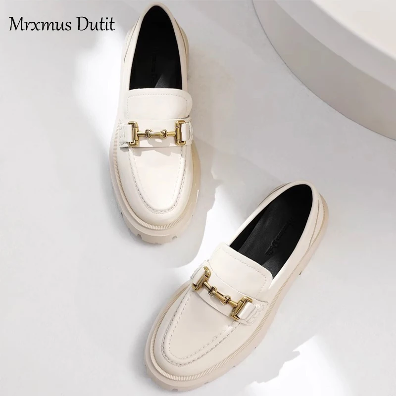 Mrxmus Dutit 여성용 천연 가죽 라운드 헤드 두꺼운 로퍼, 얕은 블랙 와일드 캐주얼, 심플한 슬립온 신발, 여성 시크, 2024 신상