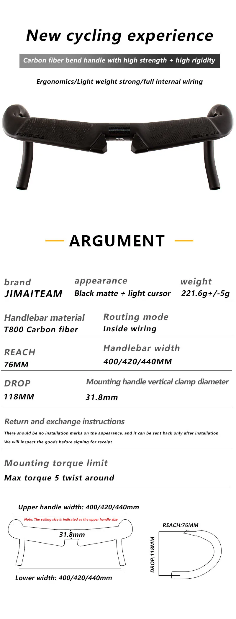 Jimiteam-All-Carbon Fiber Road bend T800, Inside Track-Lenker, passend zu 31,8 x 400, 420, 440 mm, 2024, neu – Detail 1