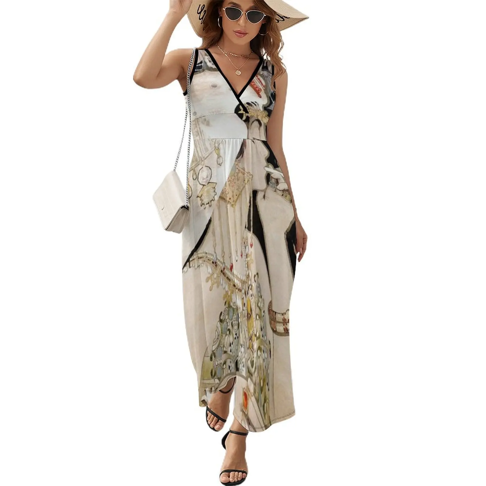 

French Fashion Art Nouveau Bejeweled smoking woman Sleeveless Dress Women dresses summer