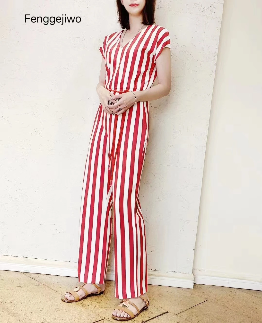 Fenggejiwo women's V-neck vertical stripe tie up jumpsuit