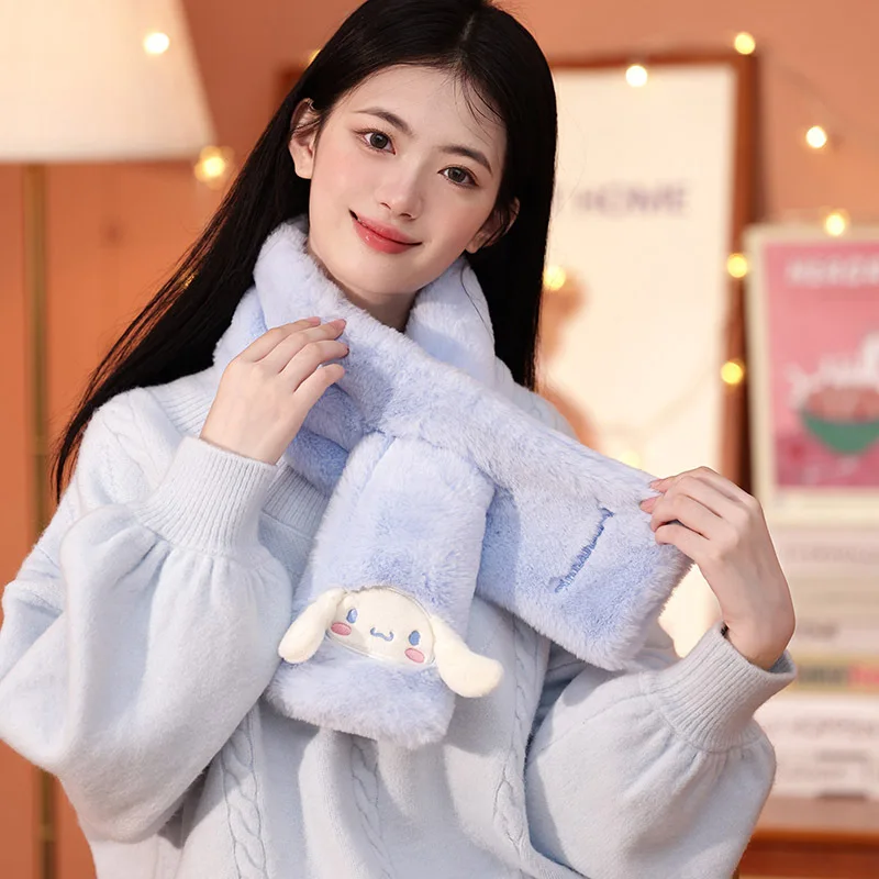 

Kawaii Sanrio Scarf Cinnamoroll Neck Cover Female Anime Cute Kuromi My Melody Cross Fluffy Plush Scarf Korean Winter Girl Gifts