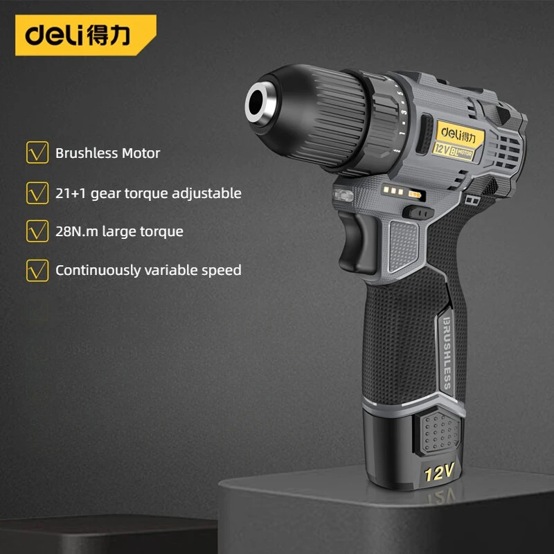 

Deli Brushless Lithium Electric Drill Rechargeable12v28N.m Electric drill Household Large Torque Electric Screwdriver Tool Kit