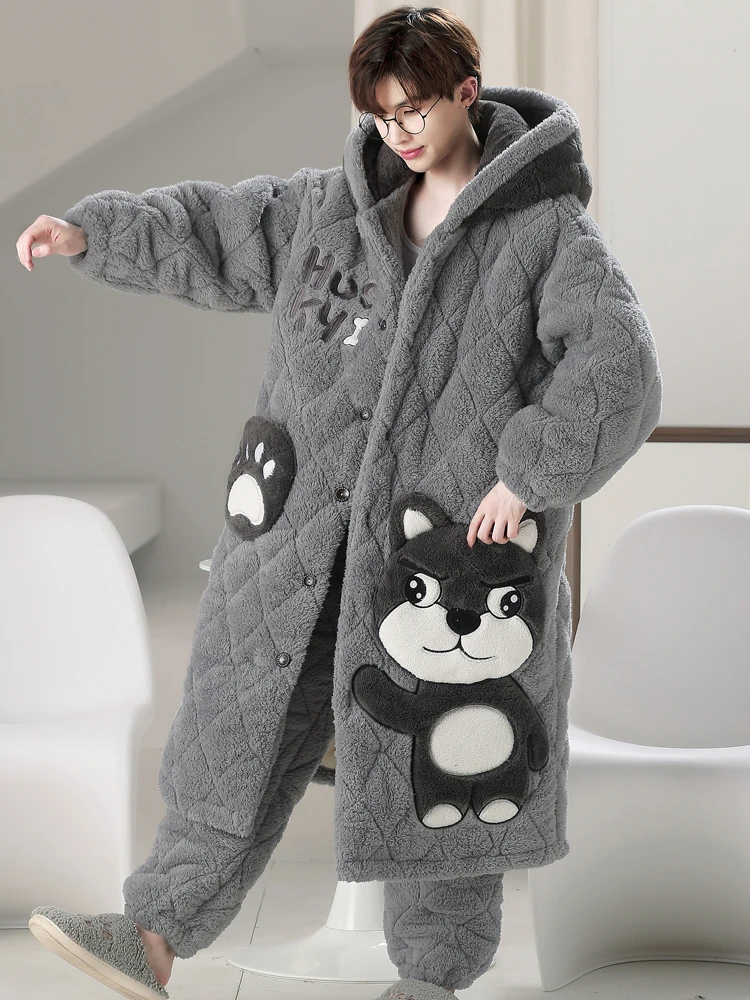 Pajamas Adult Thickened Warm Cartoon Cute Embroidered Autumn and Winter Coral Quilted plus Velvet Nightgown Long Homewear Suit