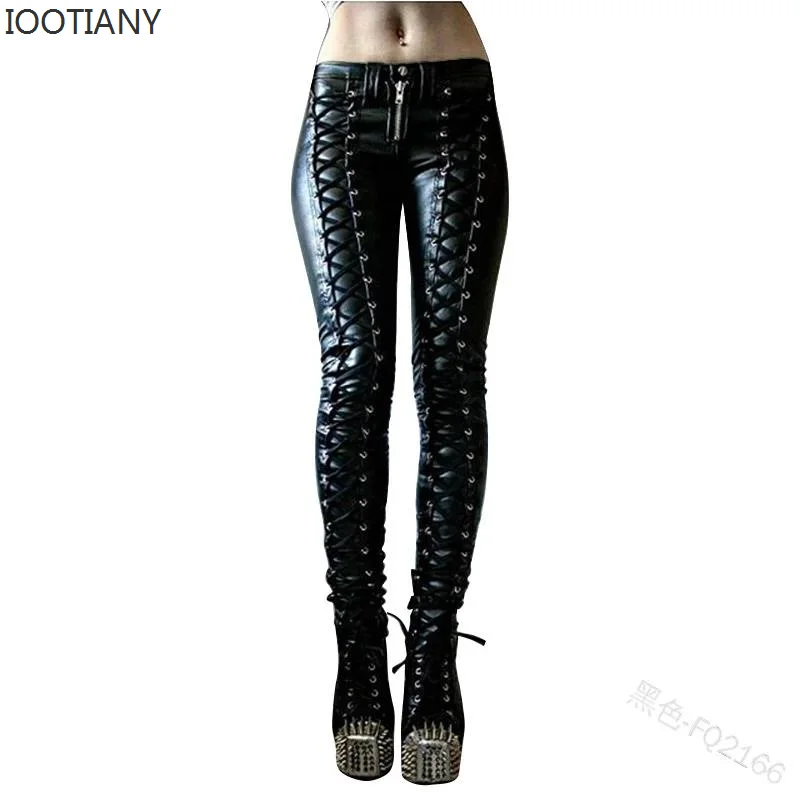2024 Steampunk Rivet Lace-up Pencil Pants Skinny Trousers Women Retro Pu Pants Leather Pants Streetwear Autumn Casual Trousers