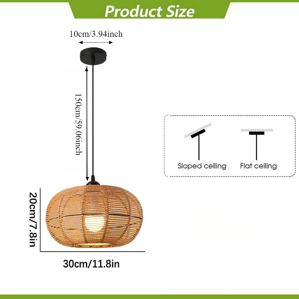 Boho Vintage Wicker Pendant Lamp Wabi-sabi Ceiling Hanging Light Fixture for Bedroom Living Room Kitchen Island E27 Household