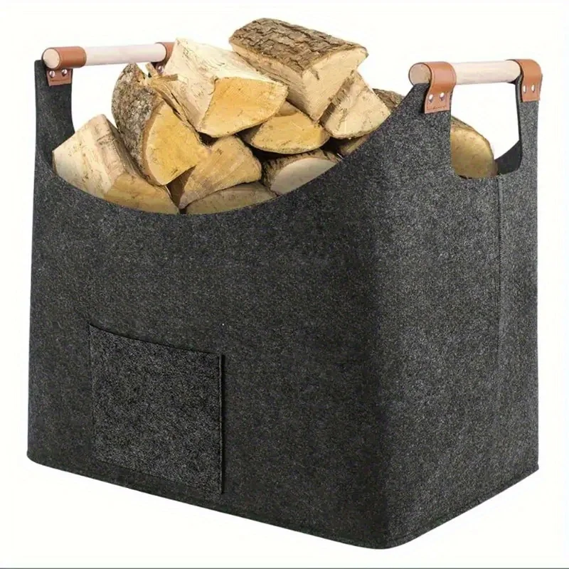 1pc Extra Large Foldable Felt Firewood Basket, Heavy Duty With Reinforced Handles - Multi-use Storage - Dark Grey_voghion.com