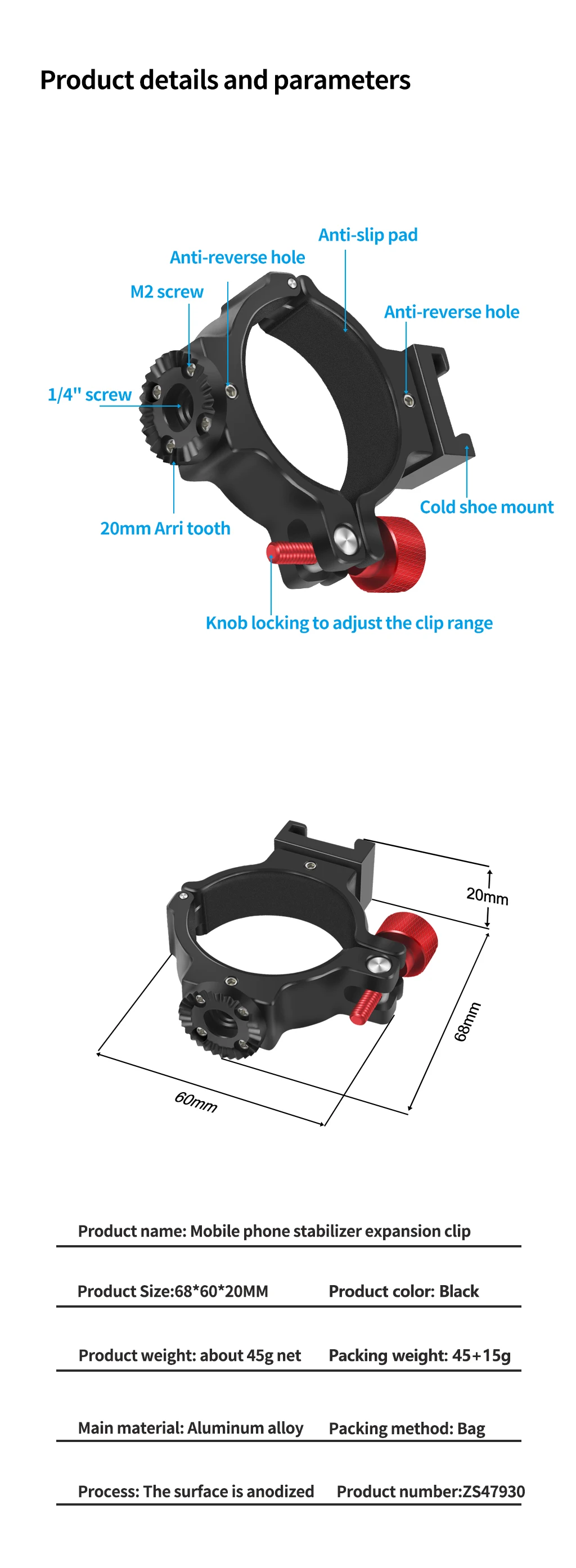 Gimbal-Verlängerungsclip, kalte Schuhhalterung, Mikrofonhalterung, Lichtstativ für DJI OSMO Mobile 2, 3, 4, OM5, OM6, OSMO 7/7P, Handstabilisator – Detail 31