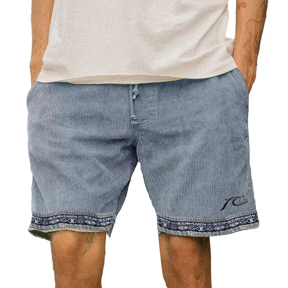 

Men Summer Shorts Elastic Waist Drawstring Knee Length Shorts Vintage Print Pockets Loose Casual Exercise Fitness Short Pants