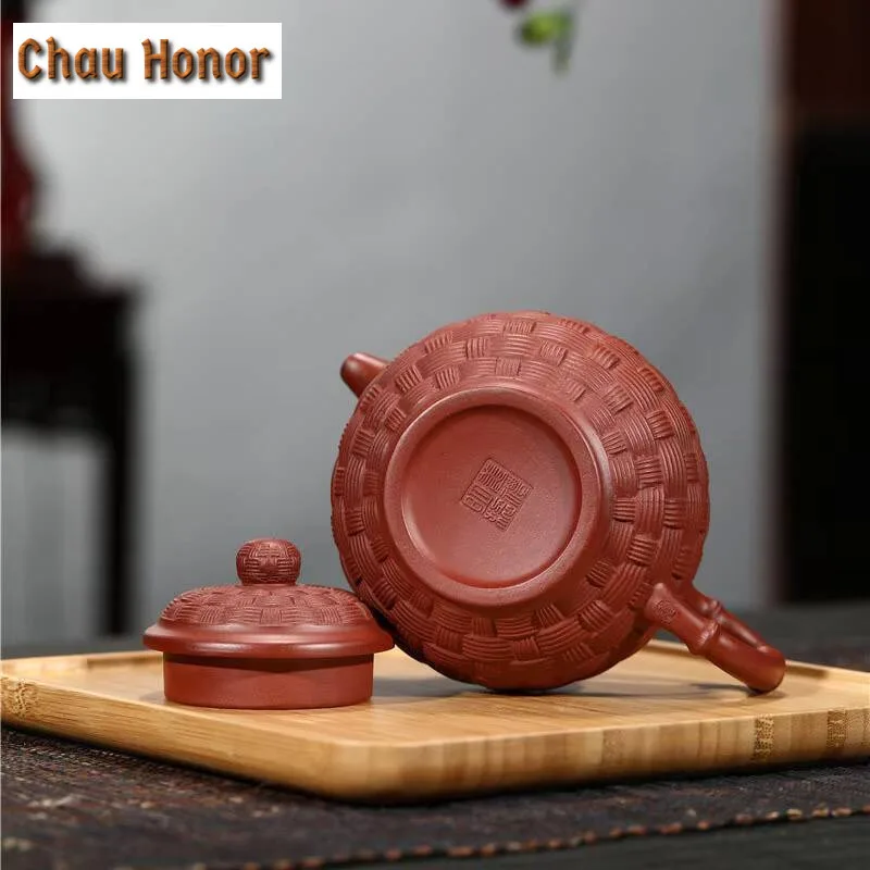 280ml Classic Yixing Zisha Raw Ore Dahongpao Bamboo Woven Teapot Handmade Household Kung Fu Teaset Tea Ceremony Accessories Gift