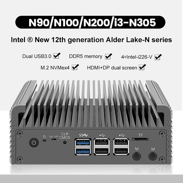 12th Gen Fanless Firewall Soft Router Intel i3 N305 N200 N100 DDR5