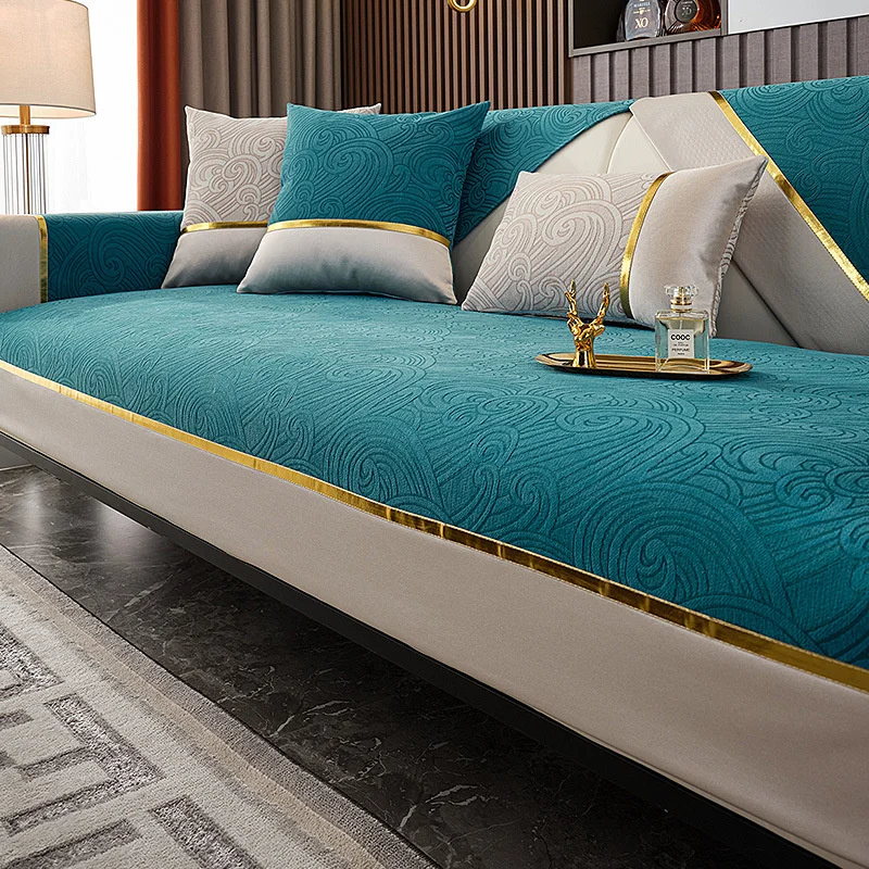 

Luxury Sofa Covers Cloud Pattern Gold Edge Fashion Sofa Towel Solid Color Thicken Chenille Anti-slip Sofa Mat Cover Home Decor