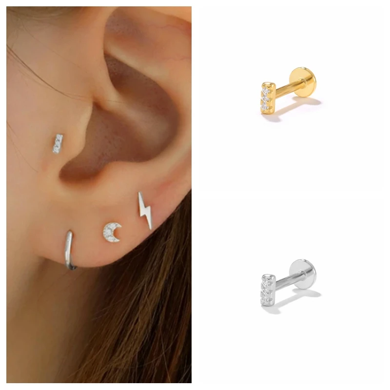 CANNER 925 Sterling Silver Stud Earrings for Women Cubic Zirconia Labret Lip Ring CartilageTragus Piercing Earring Jewelry 1pc