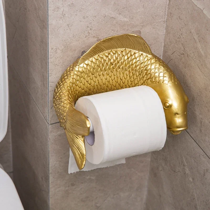Description Picture 2 of itemKoi Statue Fish Craft Toilet Paper Holder Towel Rack Wall Hanging Bathroom Household Toilet Paper Rack Free Punching Decoration