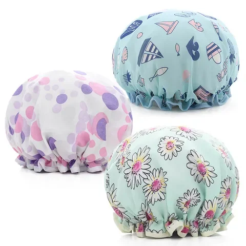 

1Pcs Women Supplies Double Layer Bathroom Shower Caps Waterproof Bath Hat Thick Shower Hair Cover elastic band cap
