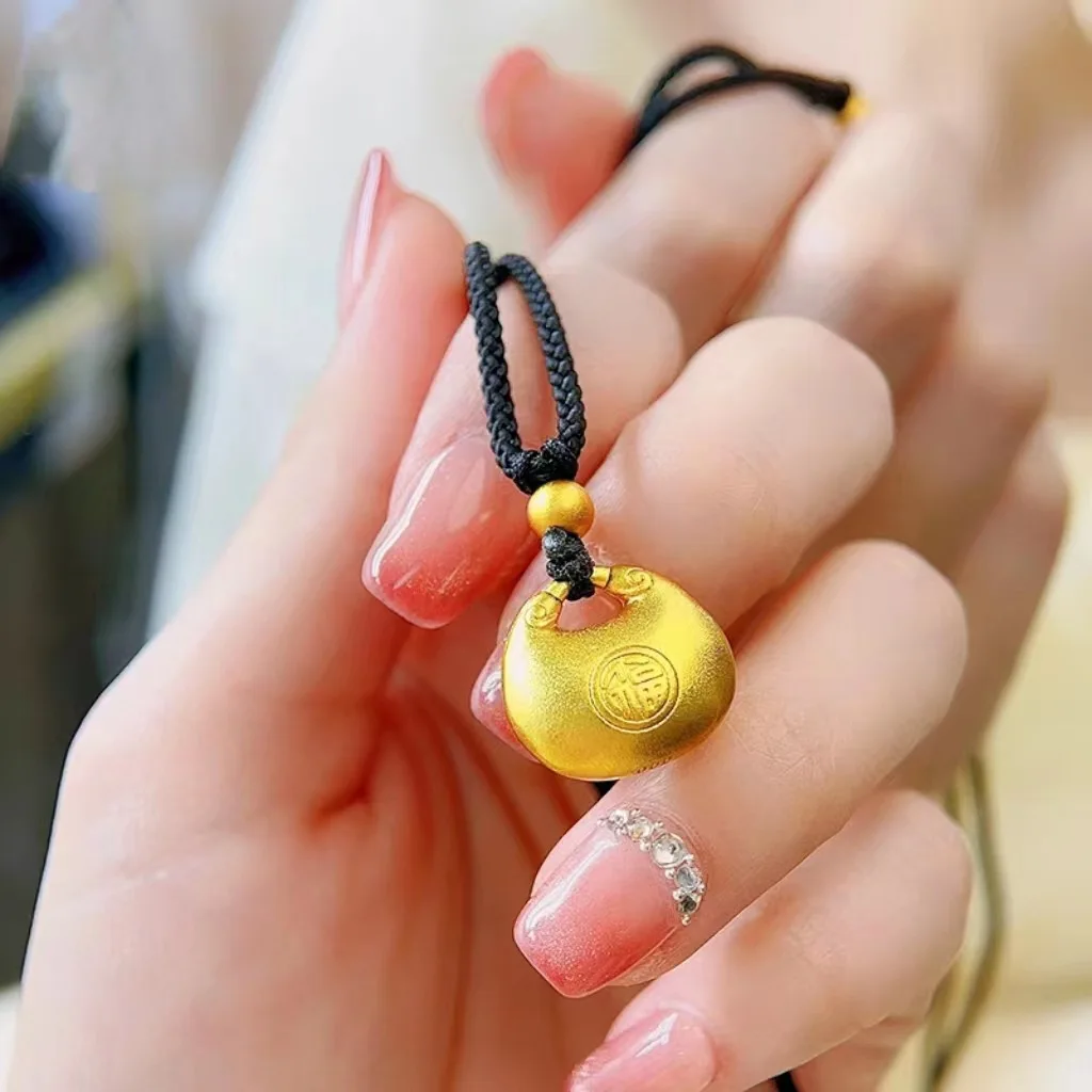 9999 real gold small fat Fu long life lock pendant 24K gold small lump pendant auspicious clouds Yuanbao lucky bag necklace