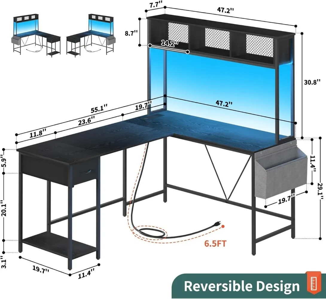 L Shaped Desk Gaming Desk with LED Strip & Power Outlet, Reversible L-Shaped Computer Desk with Storage Shelf & Drawer, 3