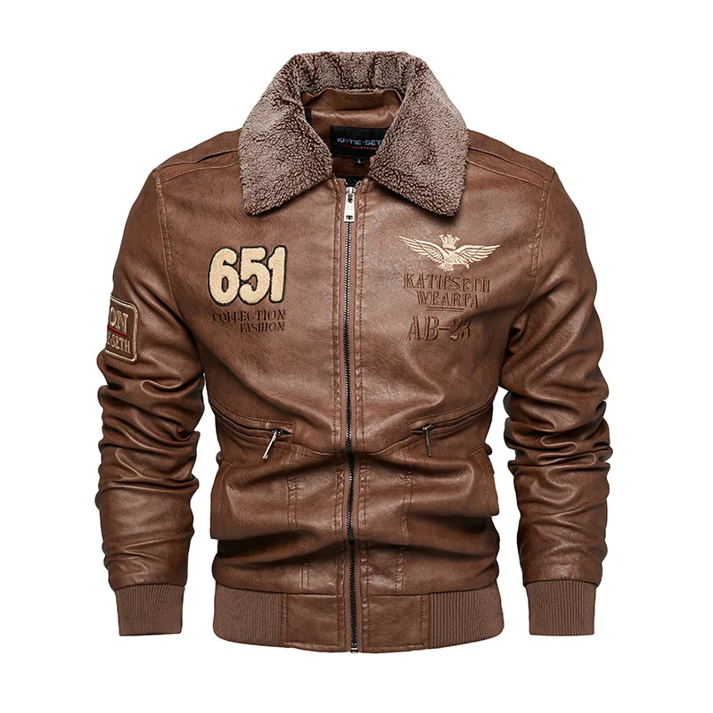 Men Autumn Jacket Bomber Biker Zipper Motorcycle Faux Fur Coat Male Fleece Pilot Vintage Black Brown Pu Leather Jacket Winter leather jackets imitation fur coat