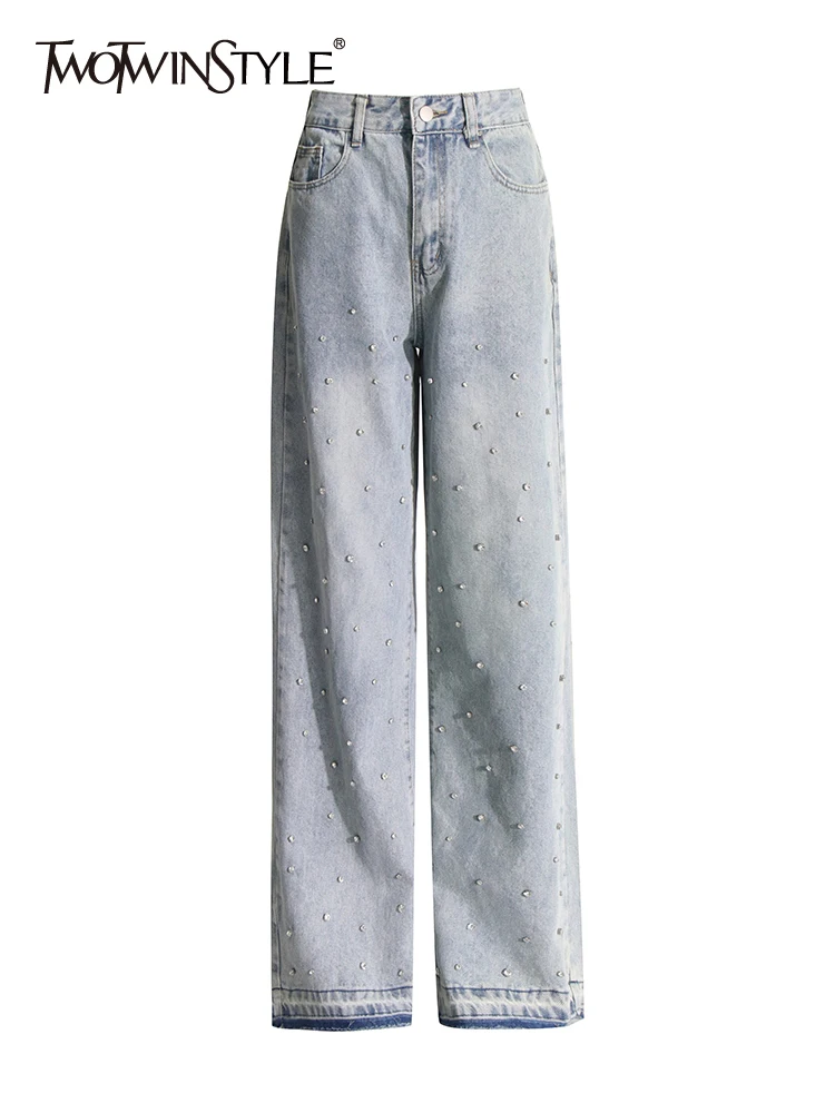 

TWOTWINSTYLE Patchwork Embroidered Flares Jeans For Women High Waist Splices Button Wide Leg Pants Female Fashion Clothing 2023