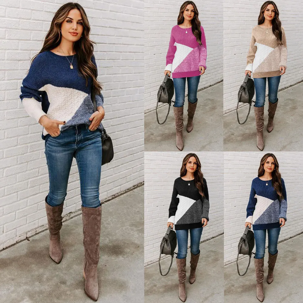 

2023 new autumn and winter Europe and the United States personality round neck match color women's sweater loose large size pull